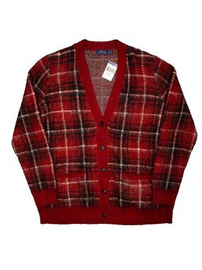 NWT Polo Ralph Lauren Mohair Wool Cardigan Red Plaid Womens XL